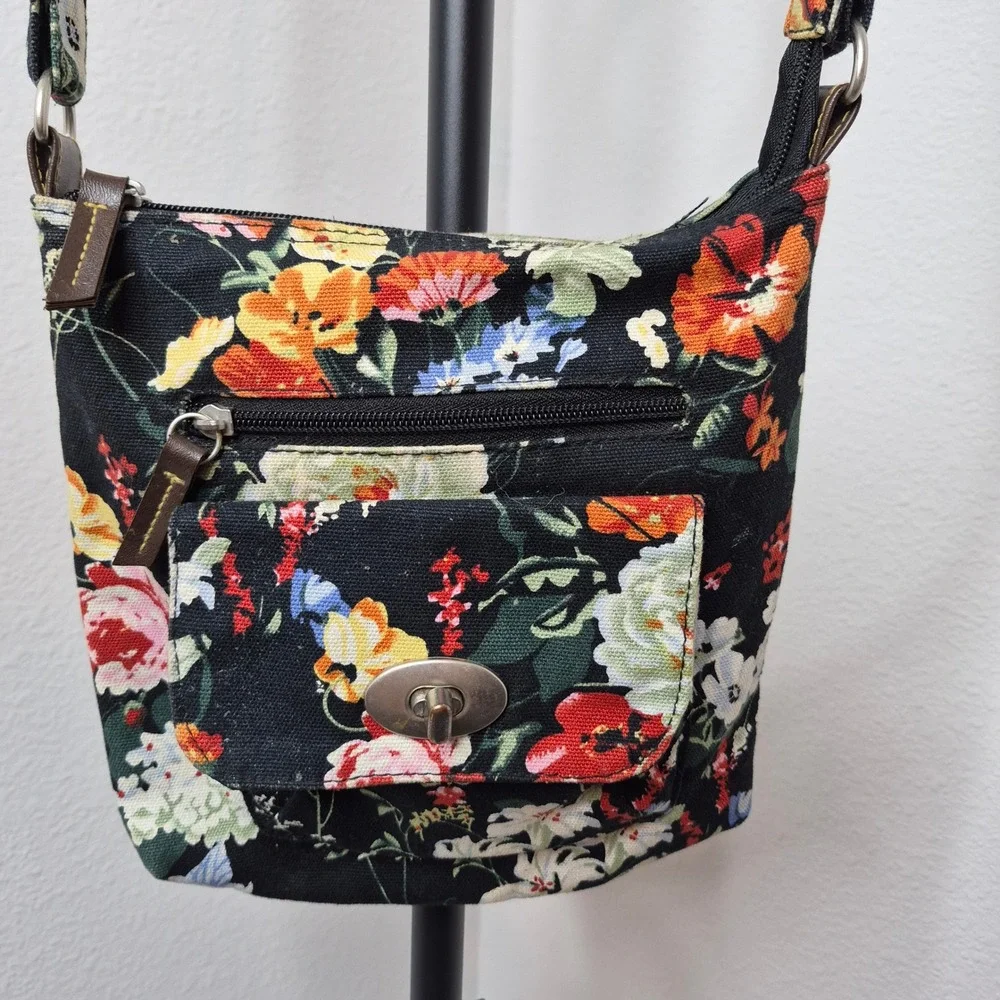 Floral Canvas Crossbody Bag Black Multi Color Botanical Shoulder Purse Dopamine